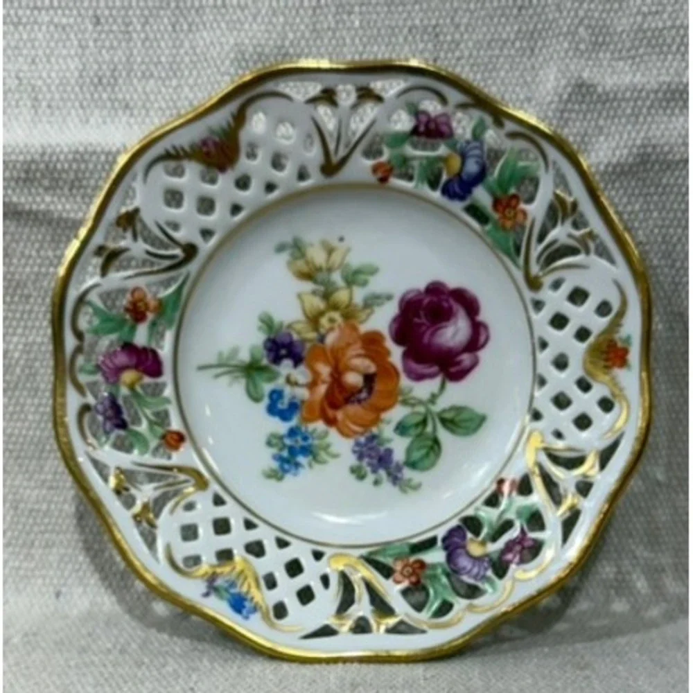 Schumann Arzberg Dresden Flowers Reticulated Porcelain Plate Bowl Set 5pc Gold